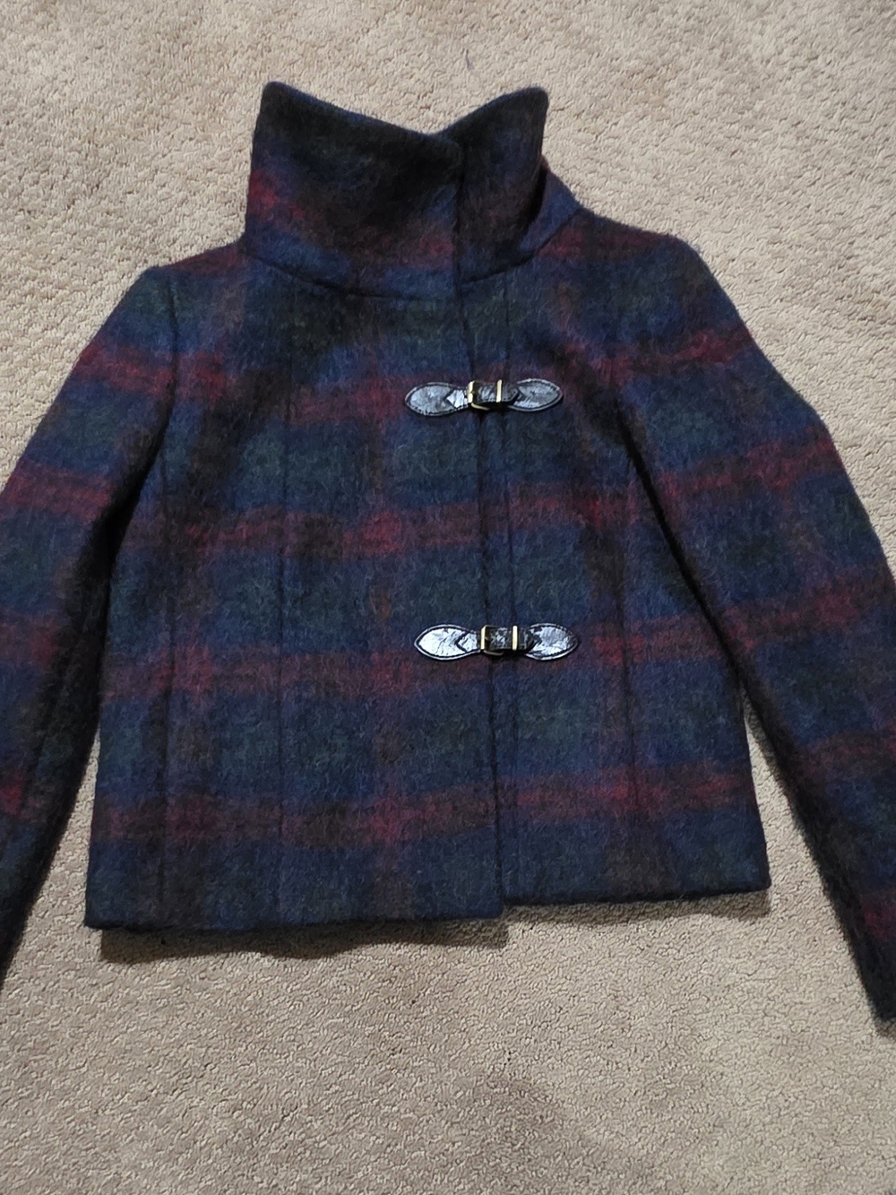 Talbots Wool-Blend Pea Coat in Navy and Burgundy Plaid